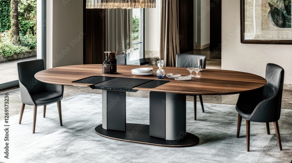 Poster a space-saving dining table with a strong wooden structure and smooth extension panels.