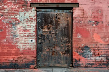 Photo of Red brick wall with old rustic weathered door in european city. Background texture for backdrops or mapping