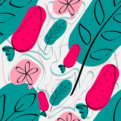 Strawberry Seamless Pattern with Leaves and Abstract Elements &ndash; Modern Fruit Background