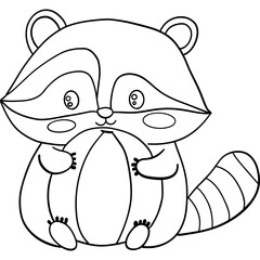 Cute raccoon holding a ball in a simple line art style. outline for coloring .