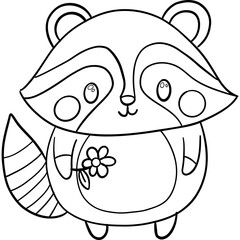 Cute cartoon raccoon holding a flower with a friendly expression. outline for coloring .