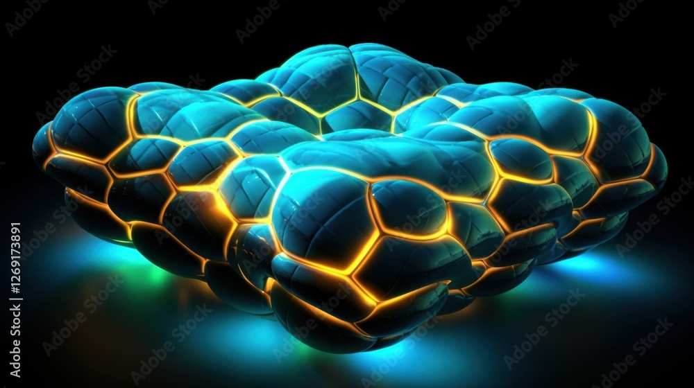 Poster abstract 3d render: glowing cyan and orange hexagonal structure