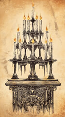 Fototapeta premium Hand-drawn vintage illustration of an elaborate Gothic candle arrangement with tall tapering wax candles, intricate ironwork, and medieval-inspired detailing, evoking sacred traditions