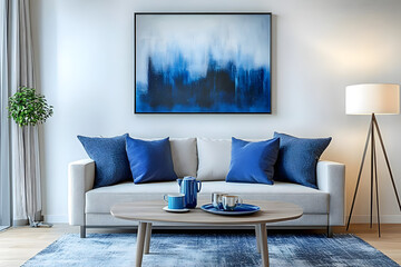 Modern living room with blue accents and abstract painting in a stylish and inviting interior design : Generative AI
