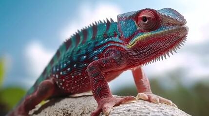 Fototapeta premium Colorful chameleon climbing on a rock tropical forest wildlife photography bright day close-up view nature's beauty