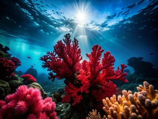 Obraz premium Silhouetted Red Coral Flowers on Textured Underwater Background