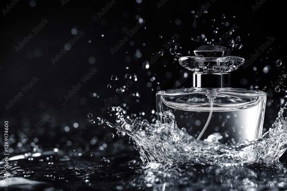 Poster a perfume bottle with a small amount of water splashed on it, suitable for use in advertising, produ