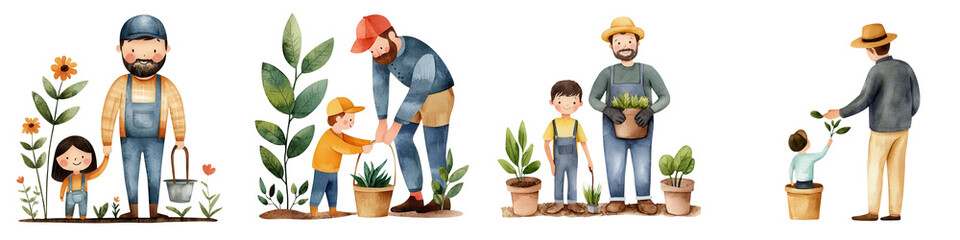 Father day element, Gardening family activities with plants and children in garden isolated on transparent background
