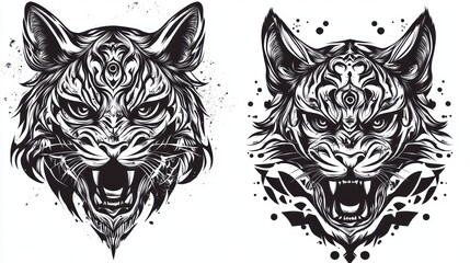 Obraz premium Graphic tiger heads, stylized, artistic, tattoo design, possible print or poster use