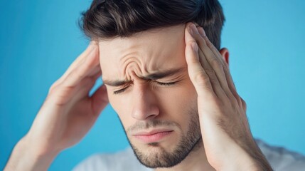 A person experiencing discomfort and pain in the head, possibly due to migraine or sinus pressure