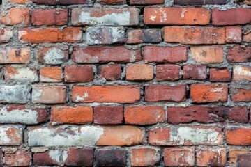 Obraz premium Weathered red brick wall with paint marks. AI image