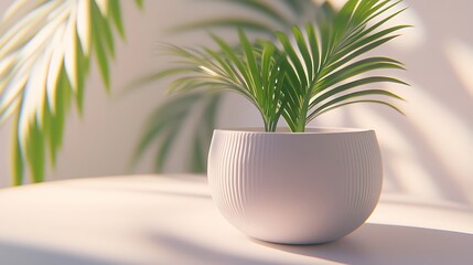 Green Plant in a White Ribbed Pot on a White Surface