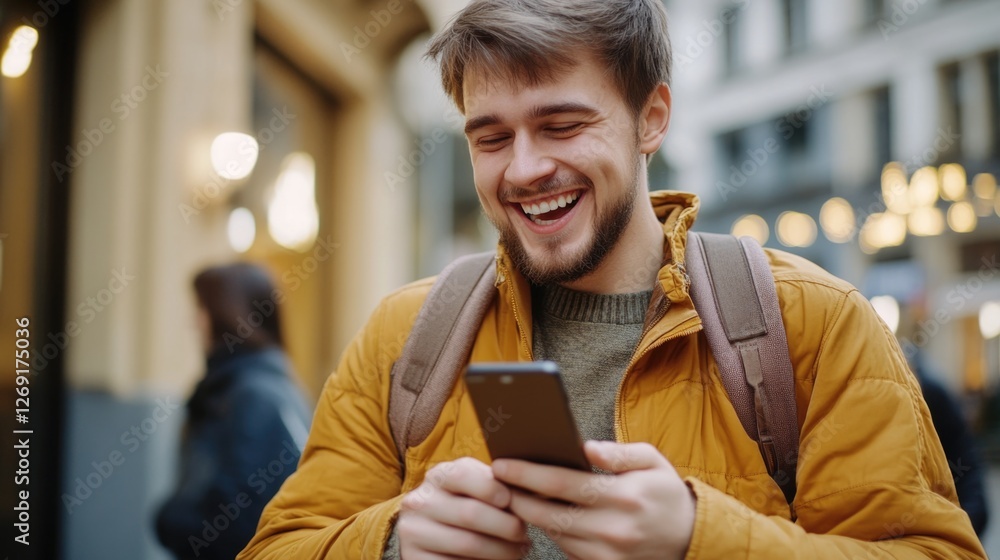 Poster a person smiling and looking at their mobile device, possibly enjoying a funny moment or sharing a m