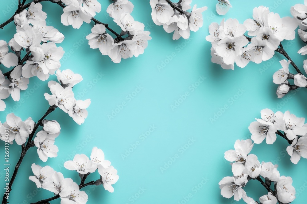 Poster a close-up shot of a tree branch featuring white flowers, suitable for use in editorial or decorativ