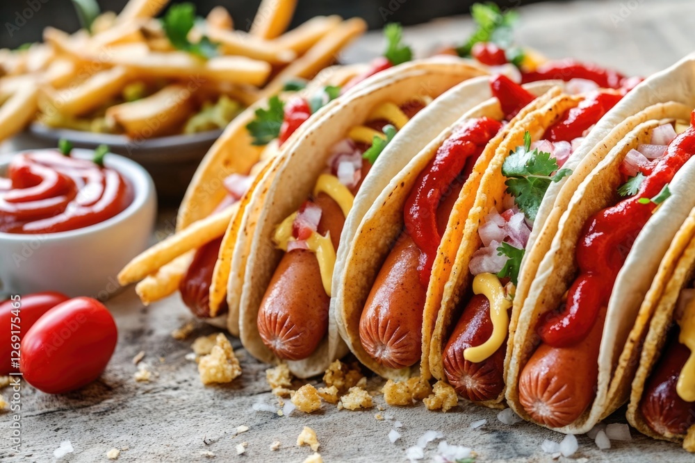 Poster a collection of tacos sitting on a table, ready to be devoured
