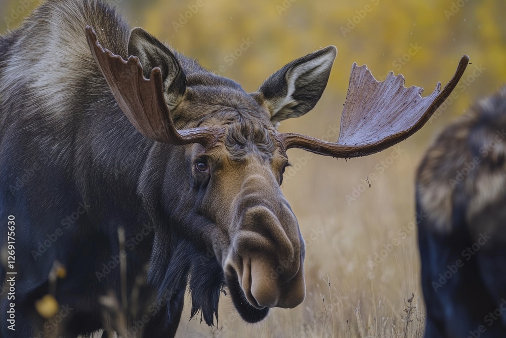 Poster a close-up photo of a moose standing in a green field