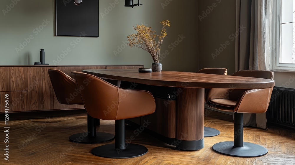 Poster a stylish dining table with a hidden extension feature, designed for maximum seating capacity.