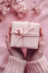 A person holds a small gift wrapped in white paper, perfect for birthday or holiday occasions