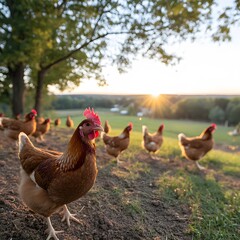 Fototapeta premium Sunset Farm Hen Flock Pasture Rural Idyllic Agriculture