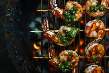 Grilled shrimp skewers with herbs on barbecue grill. AI image