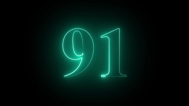 Abstract Glowing neon number 91. Educational mathematics 91 animation on black background in cyan color. 4k motion graphics animation.