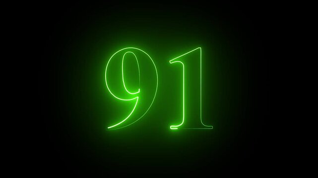 Abstract Glowing neon number 91. Educational mathematics 91 animation on black background in green color. 4k motion graphics animation.