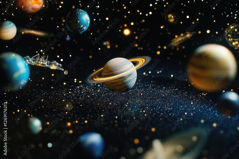Poster a collection of planets visible in the dark night sky, suitable for use in astronomy or space-relate