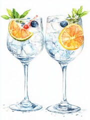 set of two glasses of Gin and tonic alcoholic drink watercolor illustration png isolated on a transparent background, cocktail clipart.