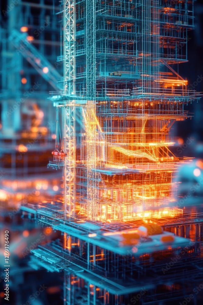 Poster a construction site illuminated by various light sources, ideal for use in architectural or industri