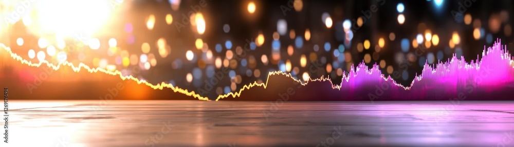 Aufkleber abstract financial graph with colorful bokeh lights and glowing effects over a wooden table surface