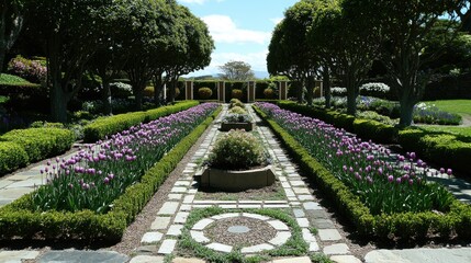 Fototapeta premium A symmetrical flower garden with neatly arranged tulips, lavender, and decorative stone pathways.