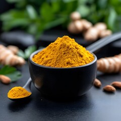 Turmeric powder bowl, kitchen, healthy food, spice, background greenery