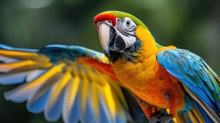 Fototapeta premium Vibrant macaw perched with wings spread, showcasing colorful feathers against a blurred green backdrop