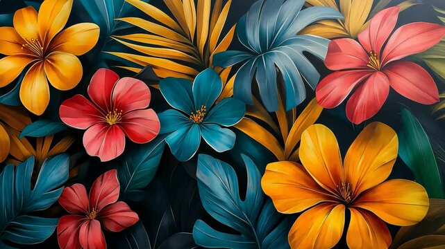 Colorful painting of flowers with a blue background. The flowers are in various colors, including red, yellow, and blue. The painting has a vibrant and lively mood