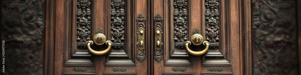 Poster a detailed view of a wooden door's handle, suitable for use in interior design or architecture conte