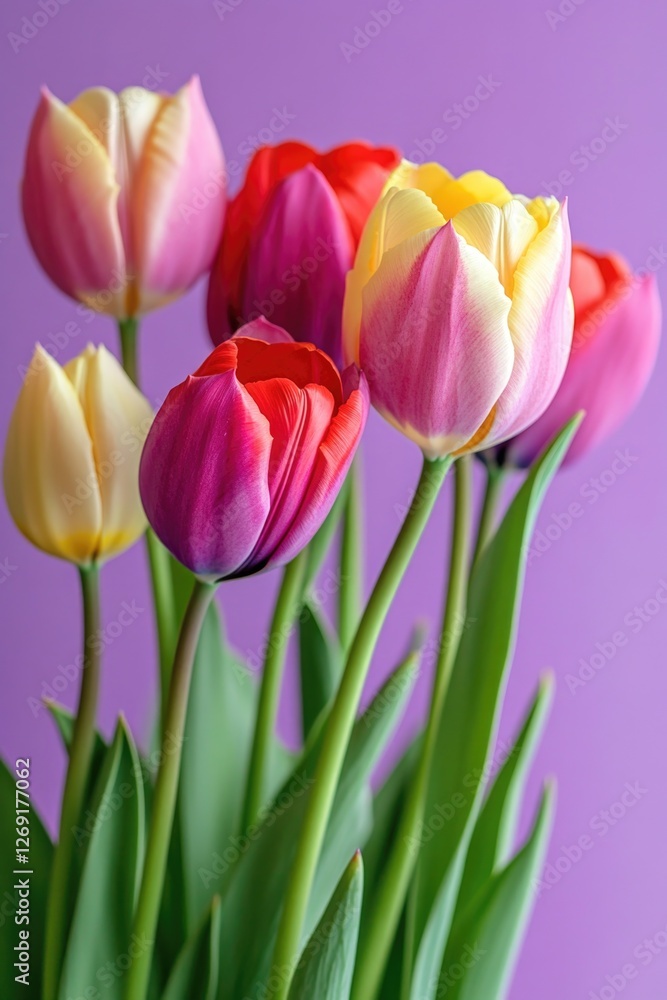 Poster fresh tulips arranged in a vase on a table