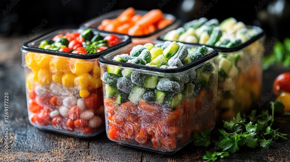 Poster three plastic containers filled with different types of vegetables