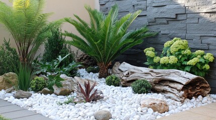 A tropical rock garden with smooth white stones, green ferns, and decorative driftwood.