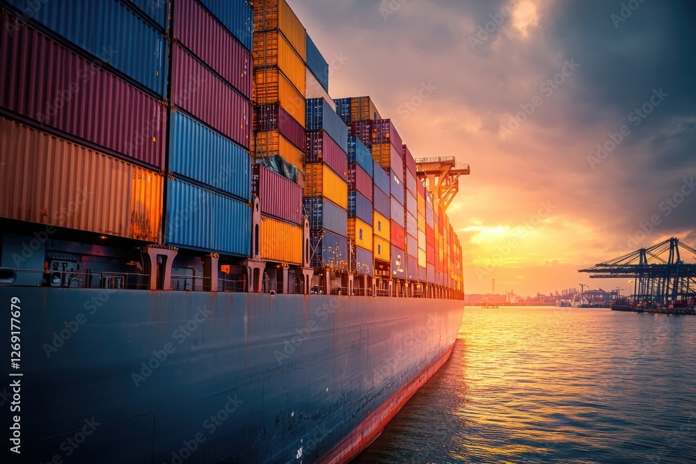 Poster a large container ship sailing through calm waters