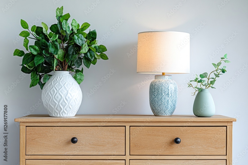 Poster a simple table with a lamp and a decorative vase on top