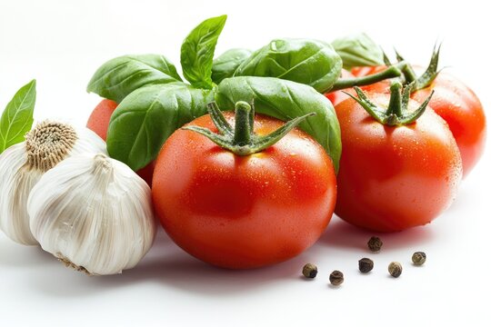 Fresh tomatoes arranged with garlic and basil on a white surface