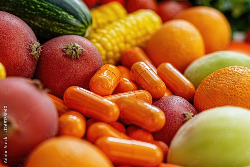 Poster a colorful mix of fruits and veggies on a table or counter