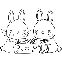 Easter Theme, Two cute bunnies with Easter eggs in a basket, cartoon style. outline for coloring .