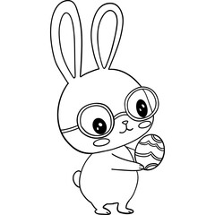 Easter Theme, Cute bunny character holding a decorated egg with glasses. outline for coloring .