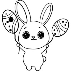 Easter Theme, Cute bunny holding decorated Easter eggs in a playful pose. outline for coloring .