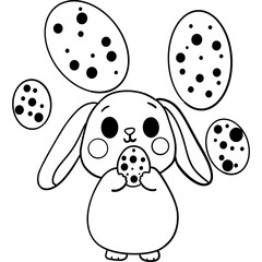 Easter Theme, Cute bunny holding a cookie with decorated eggs in the background. outline for coloring .