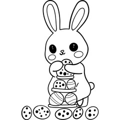 Easter Theme, Cute bunny stacking cookies in a playful scene. outline for coloring .