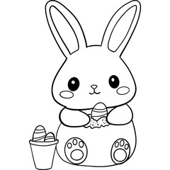 Easter Theme, Cute bunny holding an egg with a bucket of eggs nearby. outline for coloring .