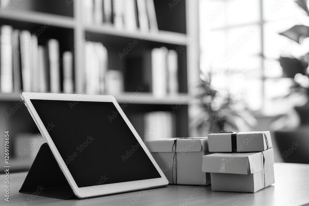 Leinwandbilder a person using a tablet computer on a wooden table