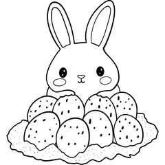 Easter Theme, Cute bunny surrounded by eggs in a playful, cartoon style. outline for coloring .